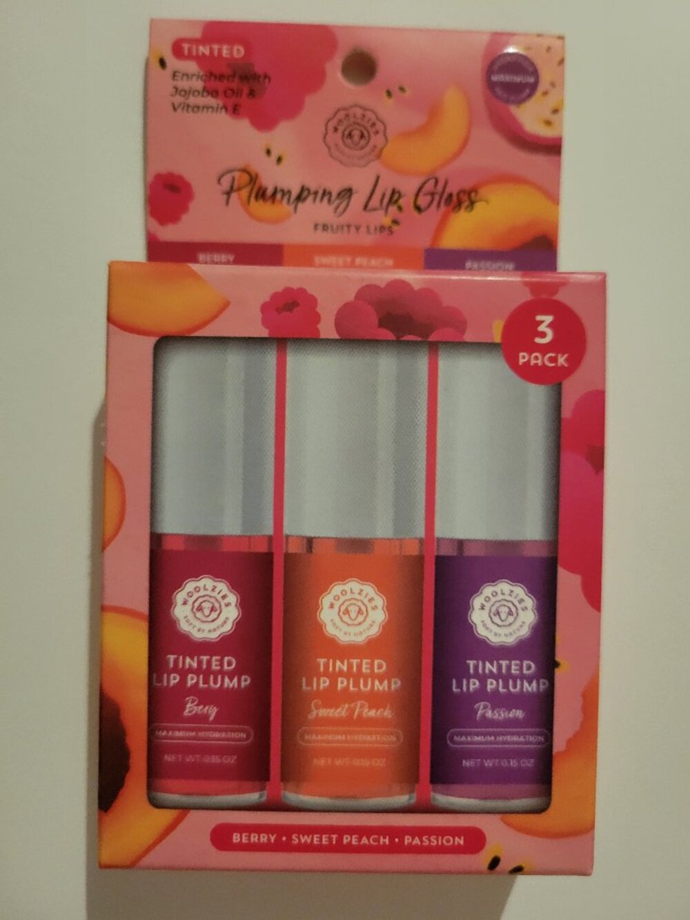 NEW WOOLZIES 3 Tinted Plumping Lip Glosses Berry Sweet Peach Passion Gloss